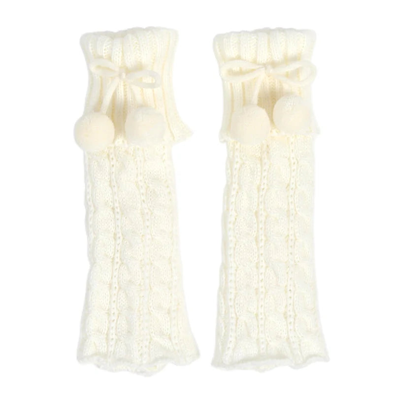 Cable Knit Leg Warmers with Decorative Bow and Pom Details