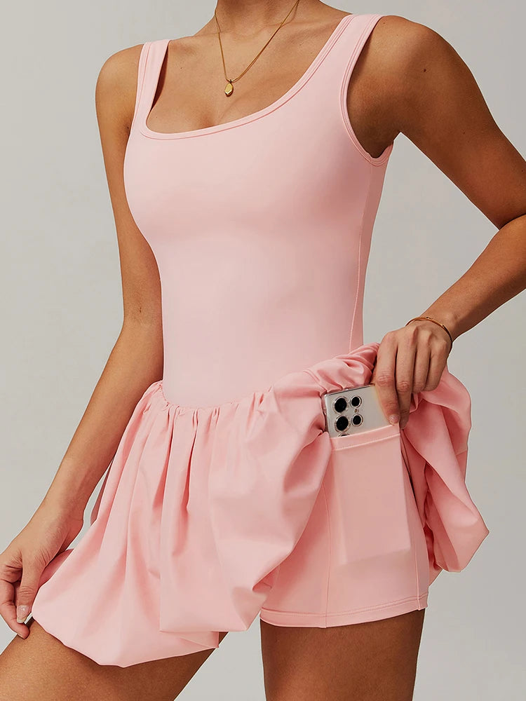 Women's Square Neck Nylon Blend Athletic Dress with Bubble Skirt and Inner Shorts