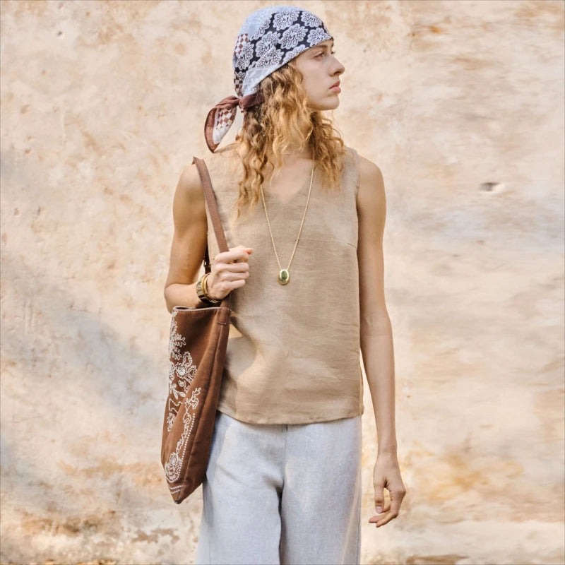 Women's Linen Sleeveless V-Neck Relaxed Tank Top for Casual Summer Everyday Outfits