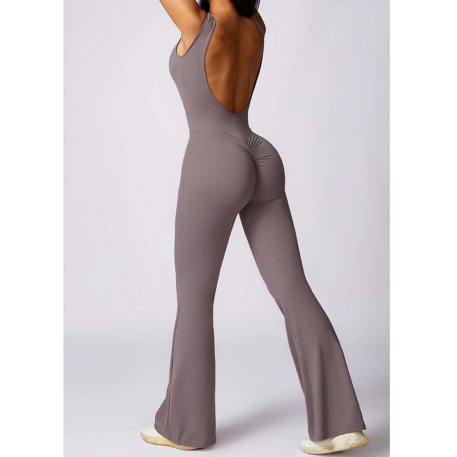Women's High Neck Nylon Blend Flared Workout Jumpsuit with Scoop Back