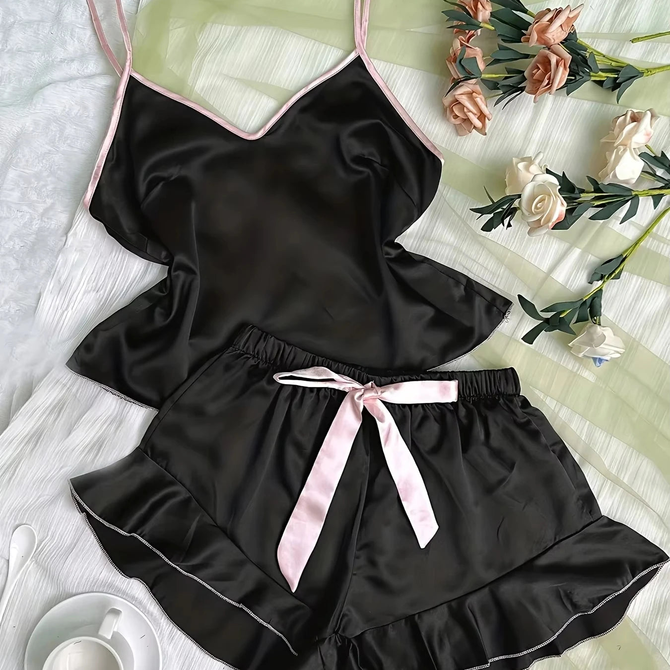 Women's Satin Look Cami Pajama Set with Top and Shorts