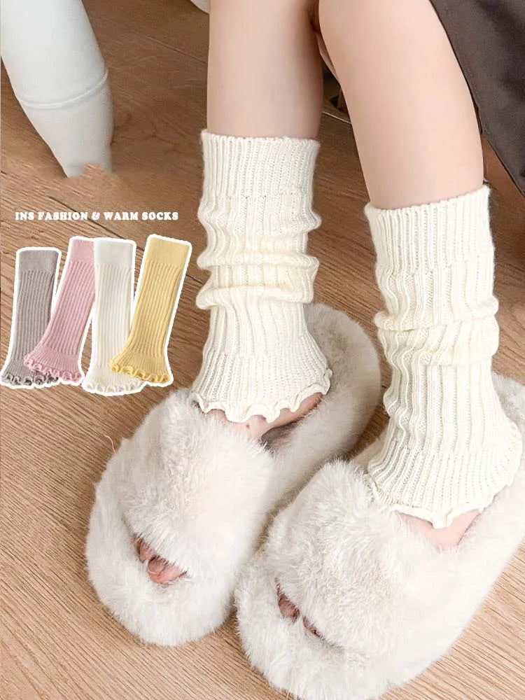 Solid Ribbed Calf Leg Warmers with Ruffled Edge Trim