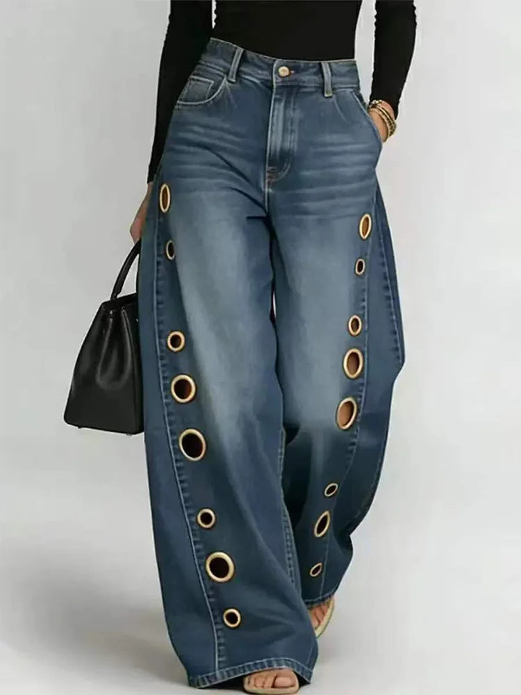 Women's Side Grommet Wide Leg Denim Jeans For Everyday Outfits