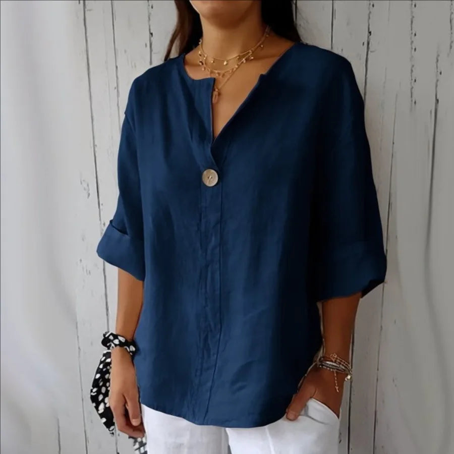 Women's V Neck Roll Sleeve Blouse