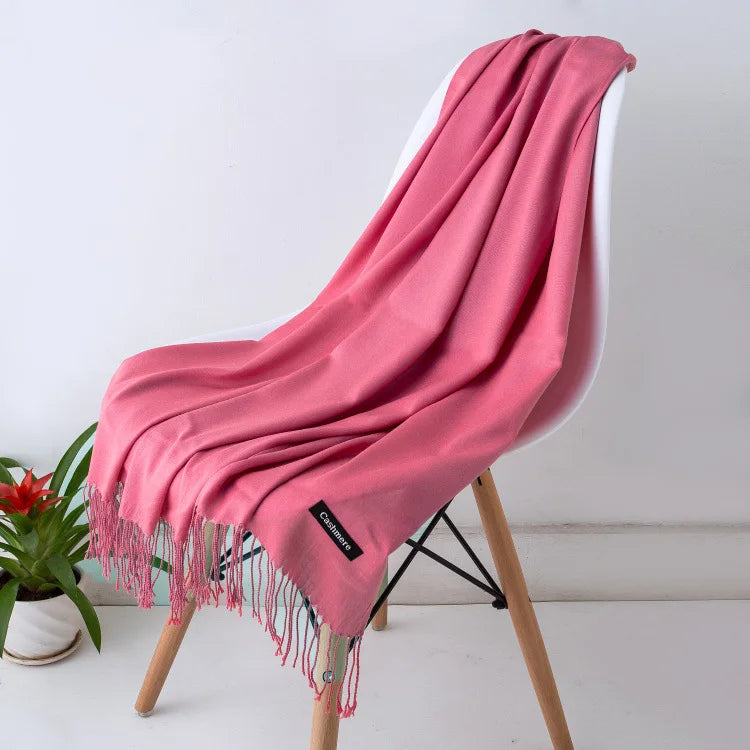 Solid Long Rectangular Scarf with Fringed End Trim