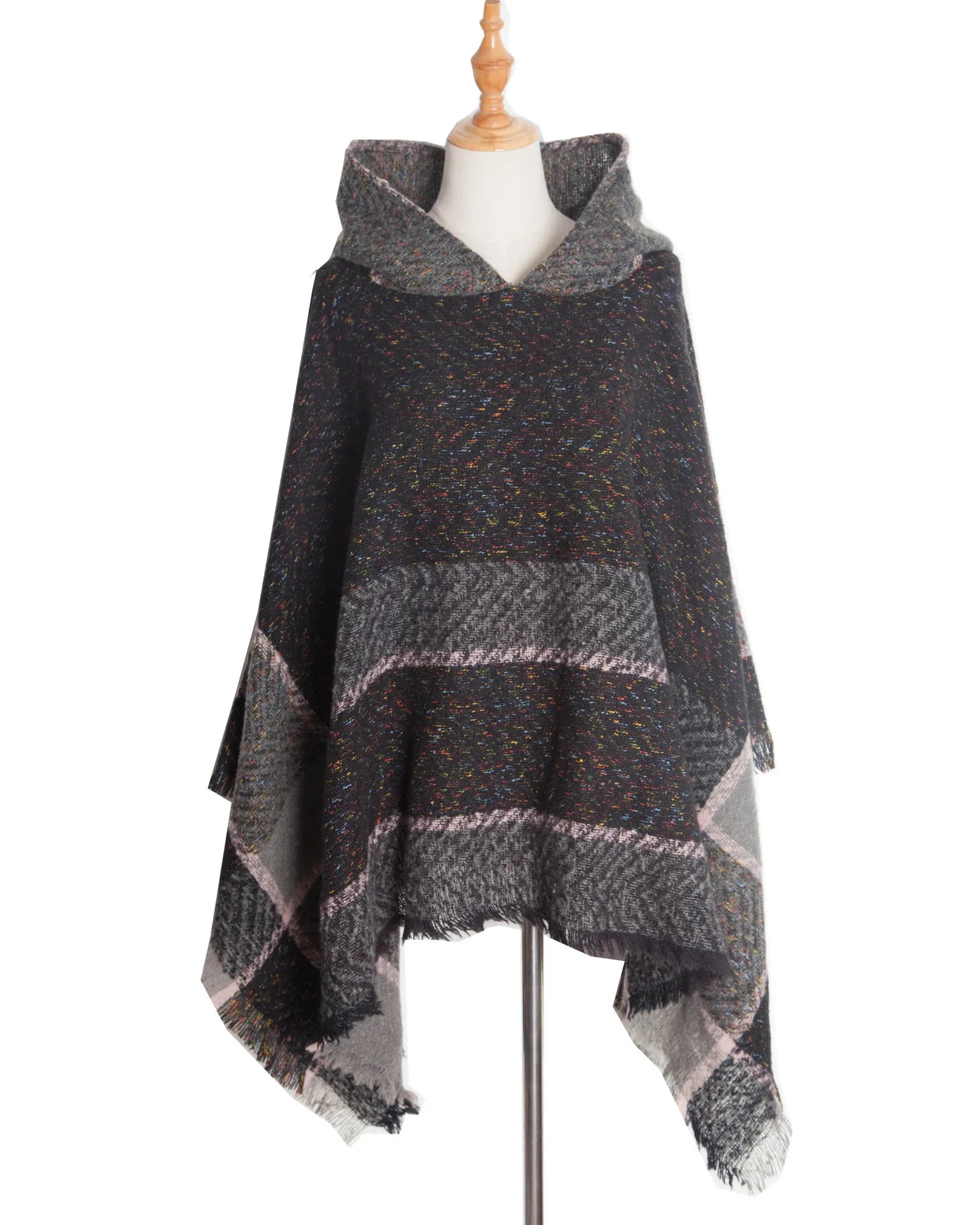 Hooded Herringbone Texture Poncho for Layering over Outfits