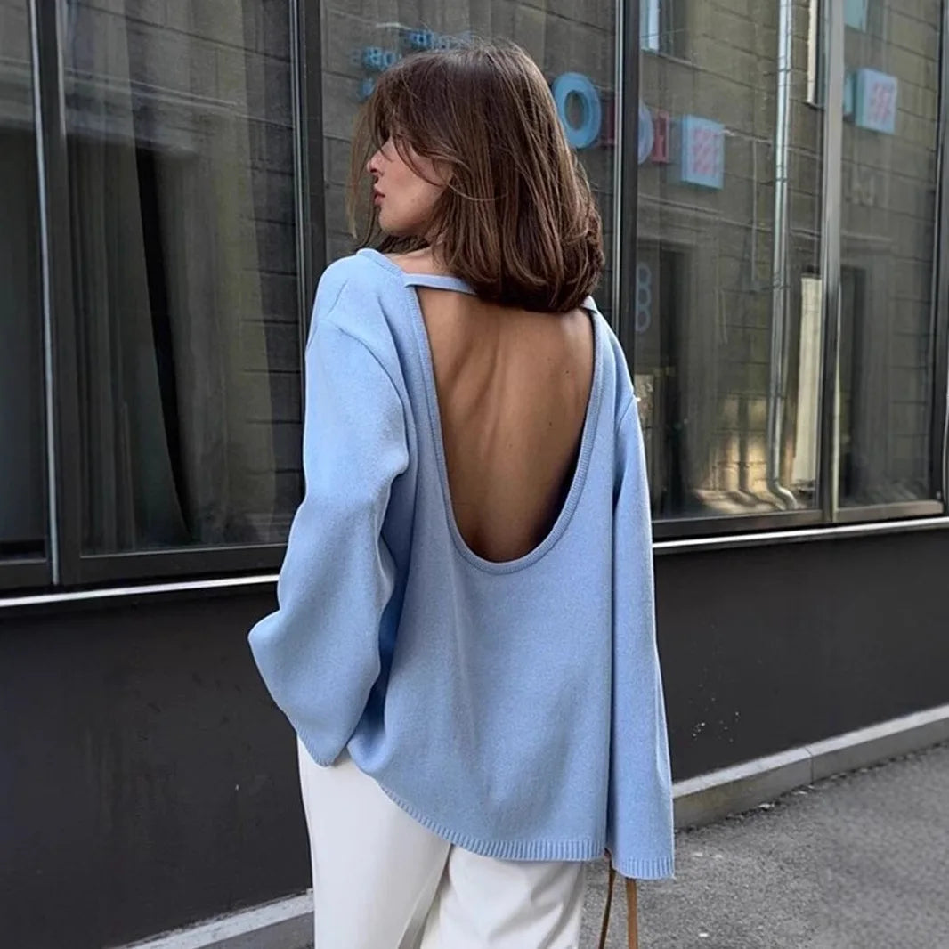 Women's Open Back Strap Batwing Sleeve Sweater Casual Knit Layer