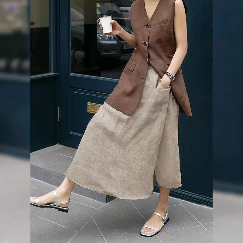 Women's Linen High-Rise Loose A-Line Midi Skirt with Pockets for Casual Outfits