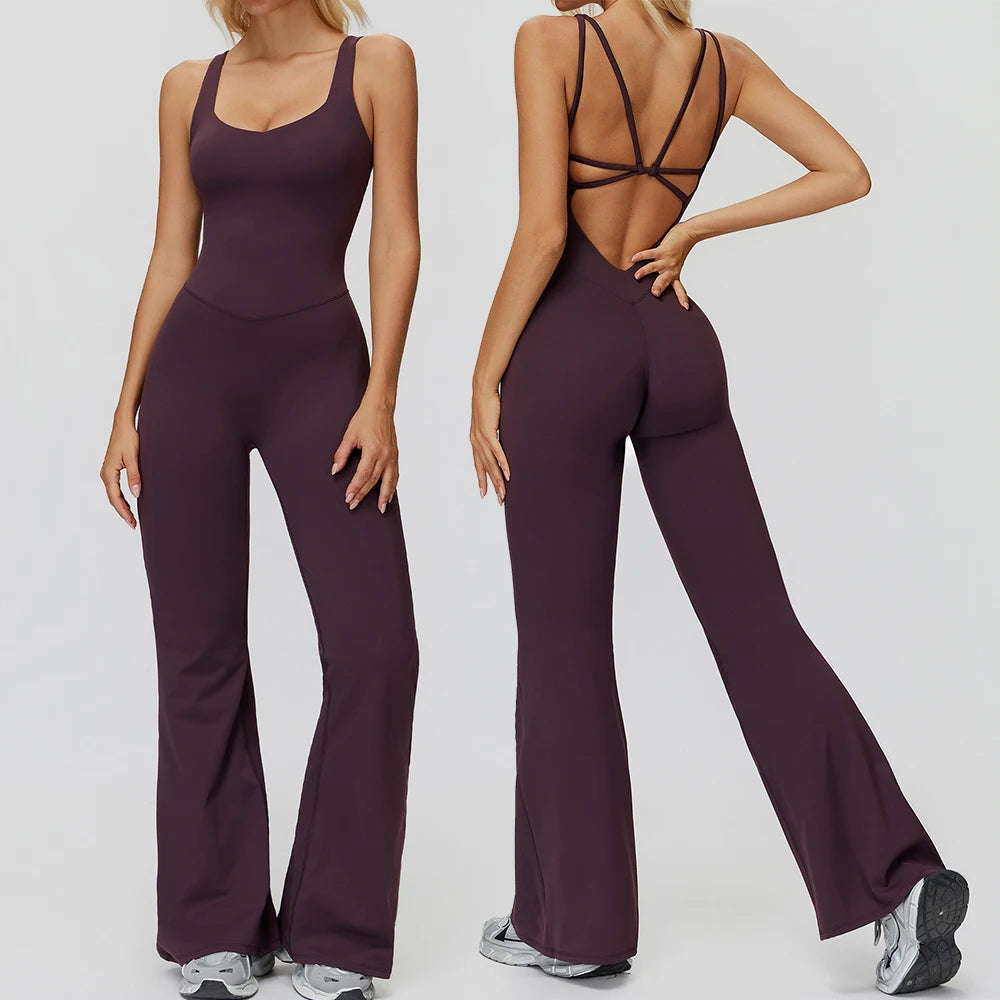 Women's Cross Back Polyester Blend Flared Workout Jumpsuit with Multiple Straps