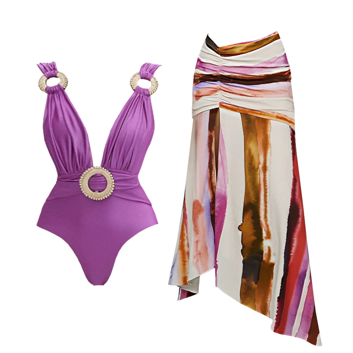 Striped Cutout One-Piece Swimsuit with Long Skirt