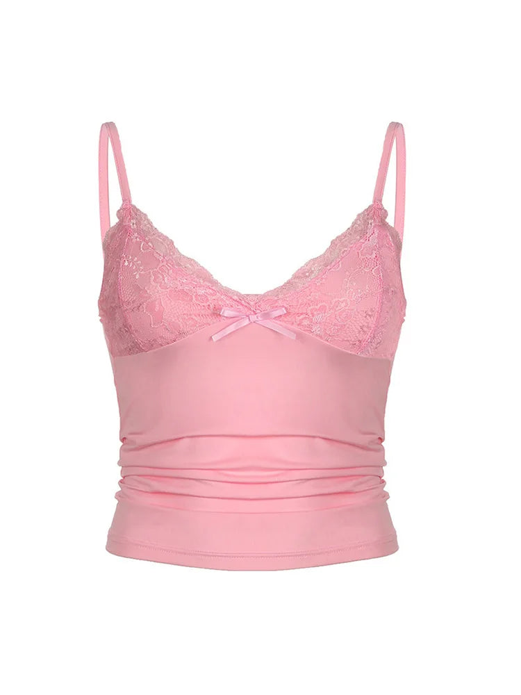 Women's Fitted Camisole with Contrasting Lace Trim and a Bow Detail