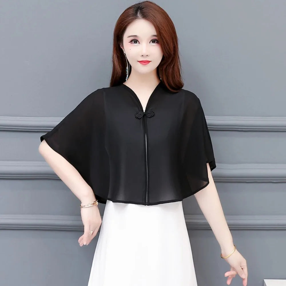 Short Clasp Front Chiffon Cape for Layering over Outfits