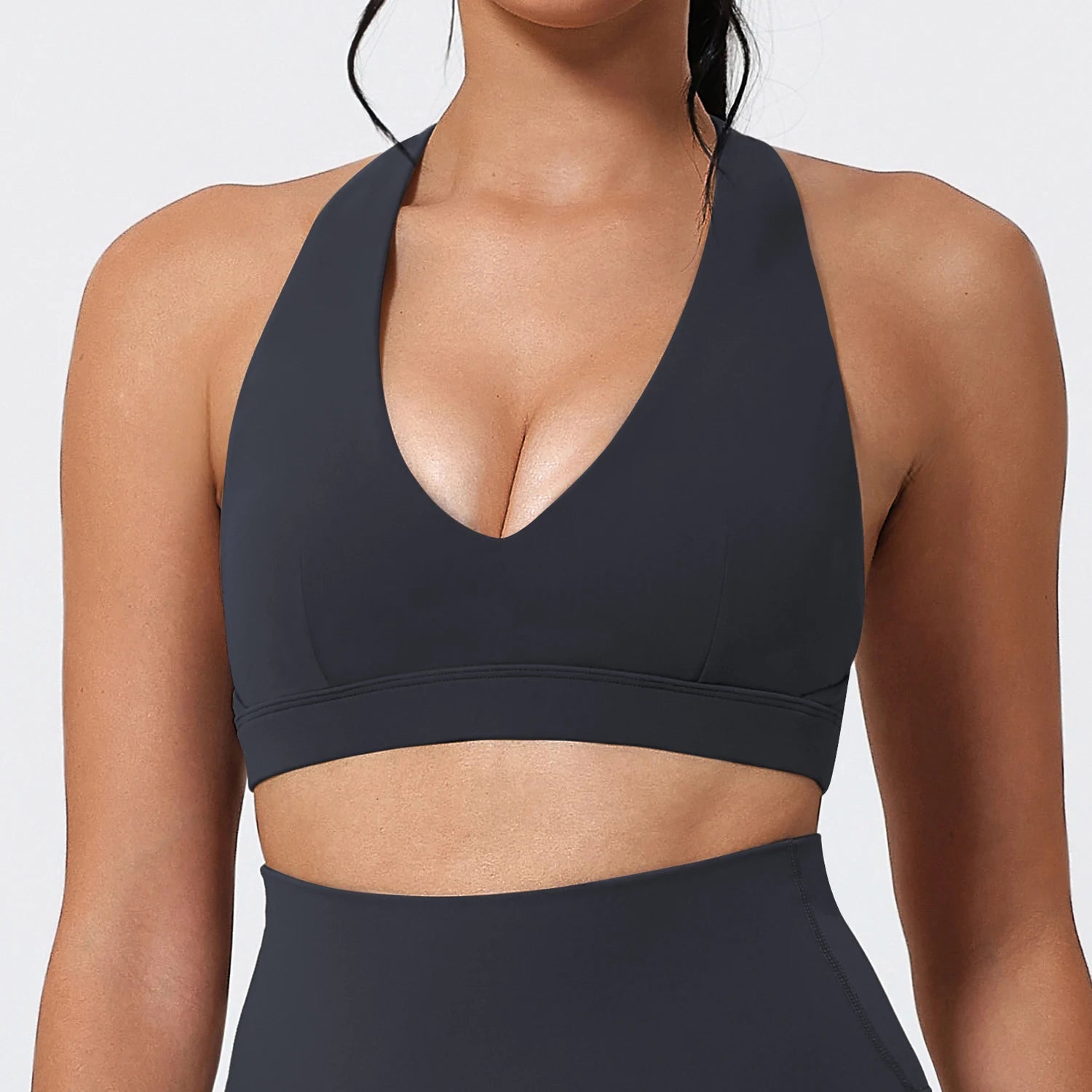 Women's V Neck Halter Sports Bra with Open Back