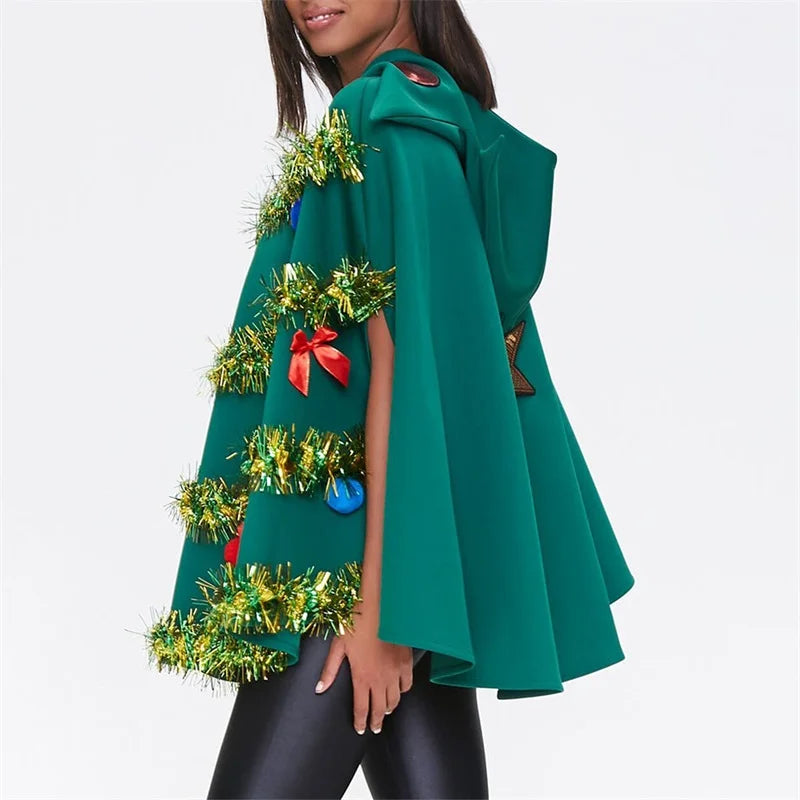 Decorated Christmas Tree Hooded Poncho for Layering over Outfits