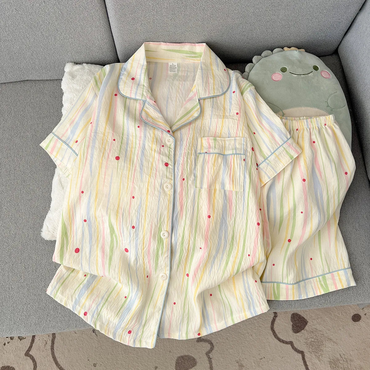 Women's Printed Short Sleeve Button Front Pajama Set with Top and Shorts