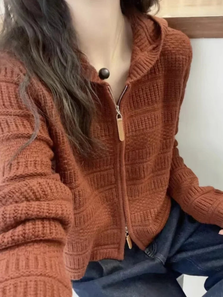 Autumn and Winter Thickened 100% Pure Wool Women's Hooded Knit Cardigan Loose Sweater Coat with Double Zippers Short Style