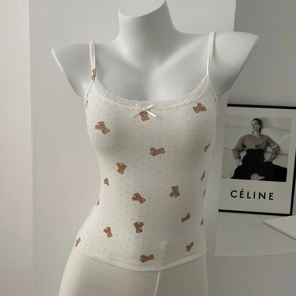 Women's Lace Trim Cotton Camisole with Bow Detail and Multiple Pattern Options