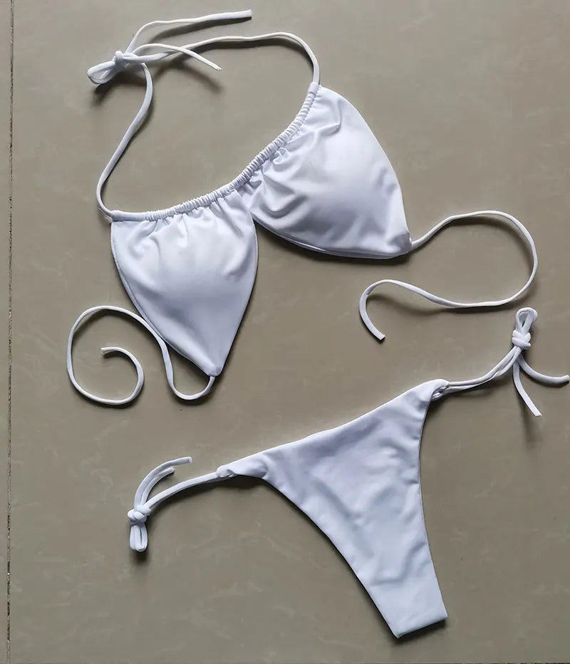 Women's Tie String Triangle Bikini Top and Thong Set