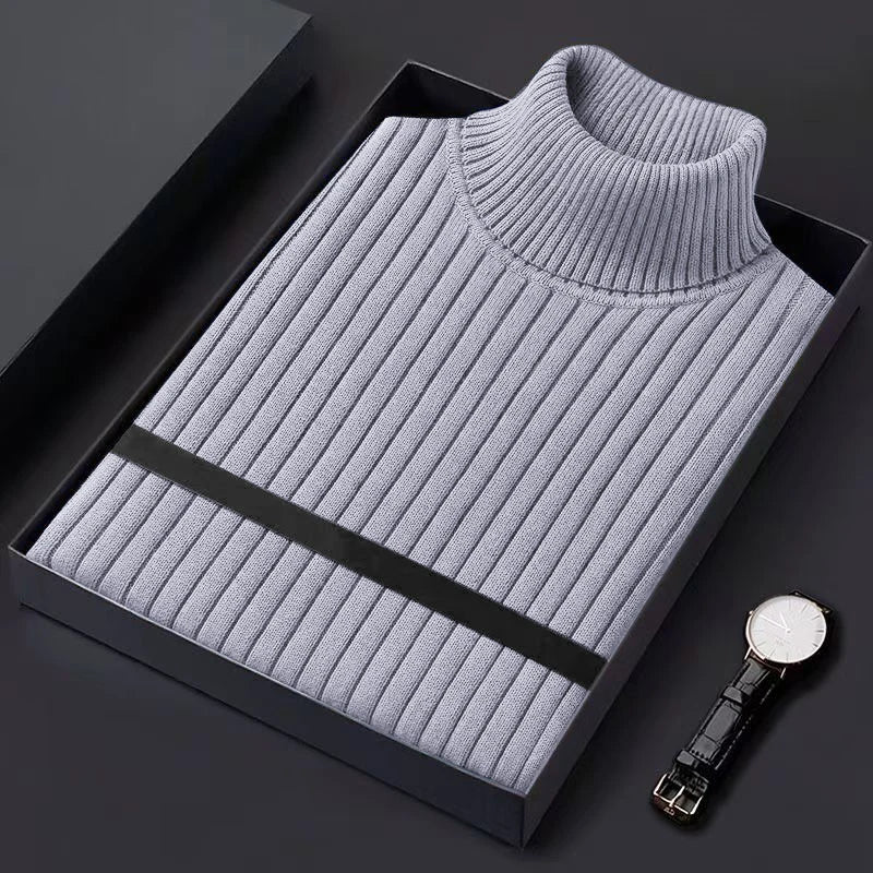 Men's Ribbed Turtleneck Sweater with Contrast Stripe