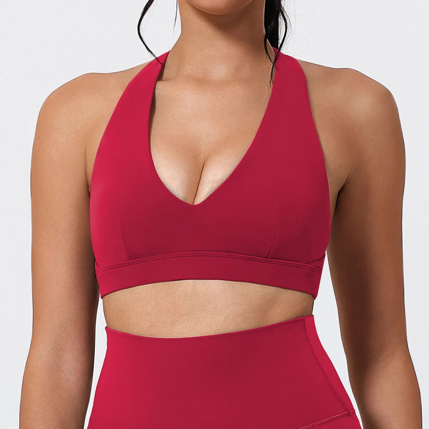 Women's V Neck Halter Sports Bra with Open Back