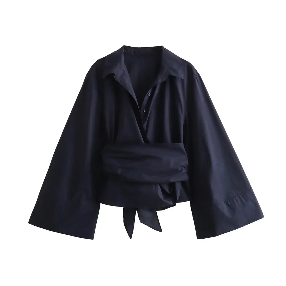 Women's Cropped Wrap Shirt with Waist Tie