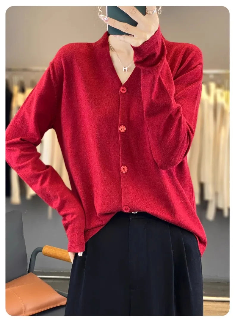 Light luxury retro style! V-neck pure cashmere knit cardigan women's autumn and winter loose wool top bottom sweater coat