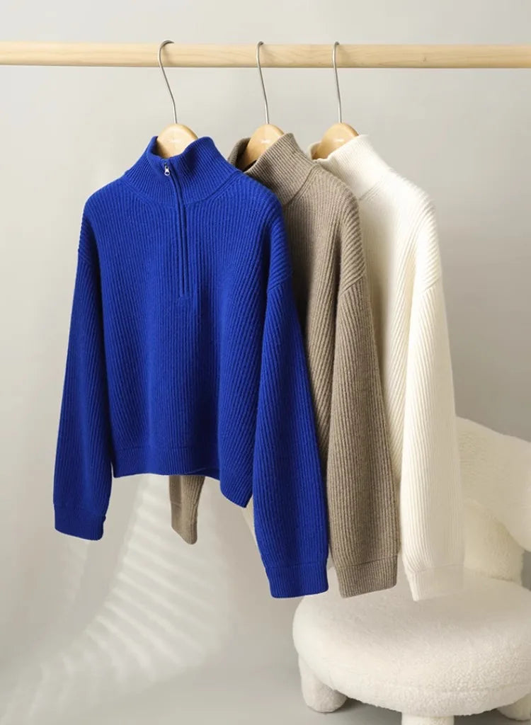 100% pure cashmere sweater women's half zip stand collar thick loose lapel pullover sweater