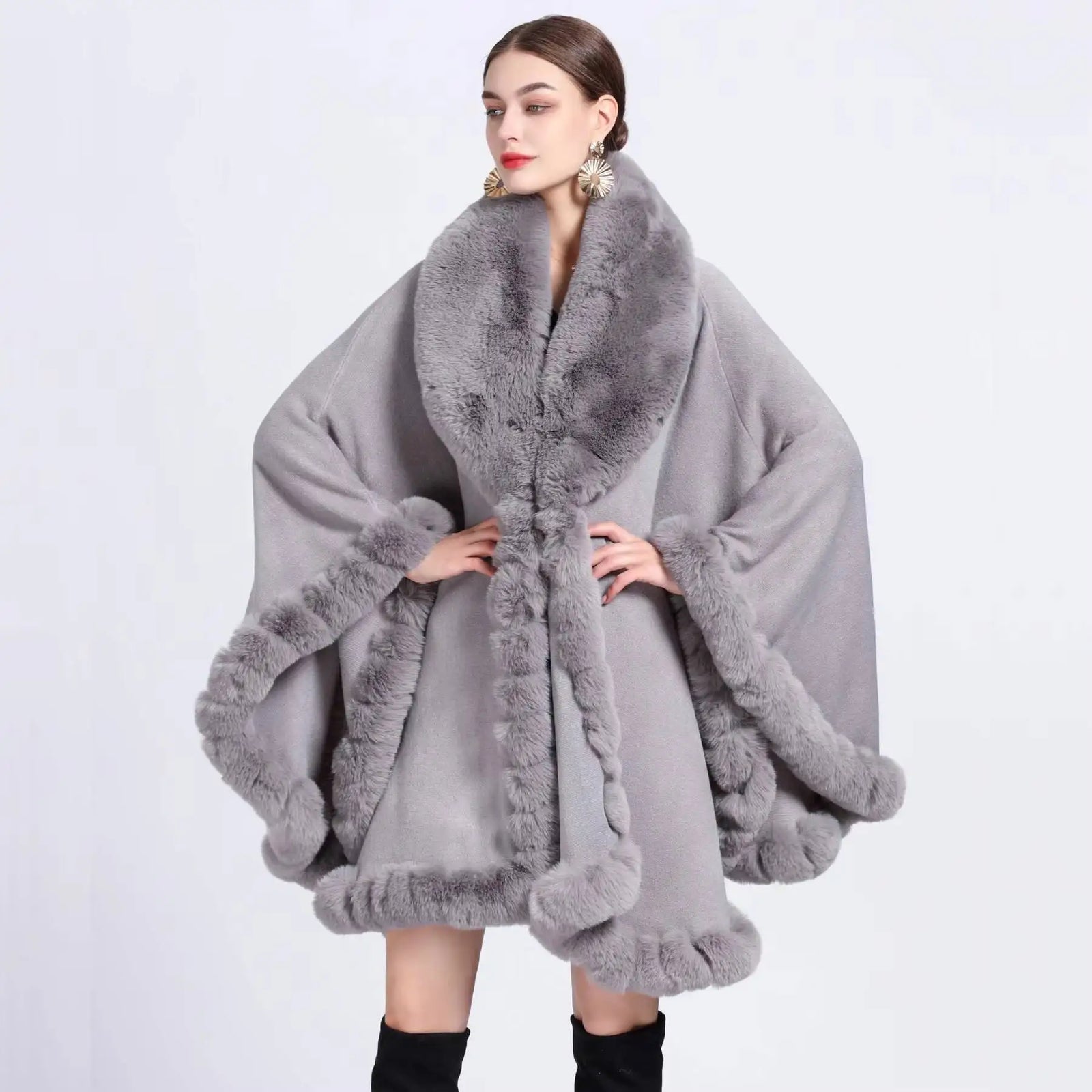 Plush Trim Open Front Cape for Layering over Outfits