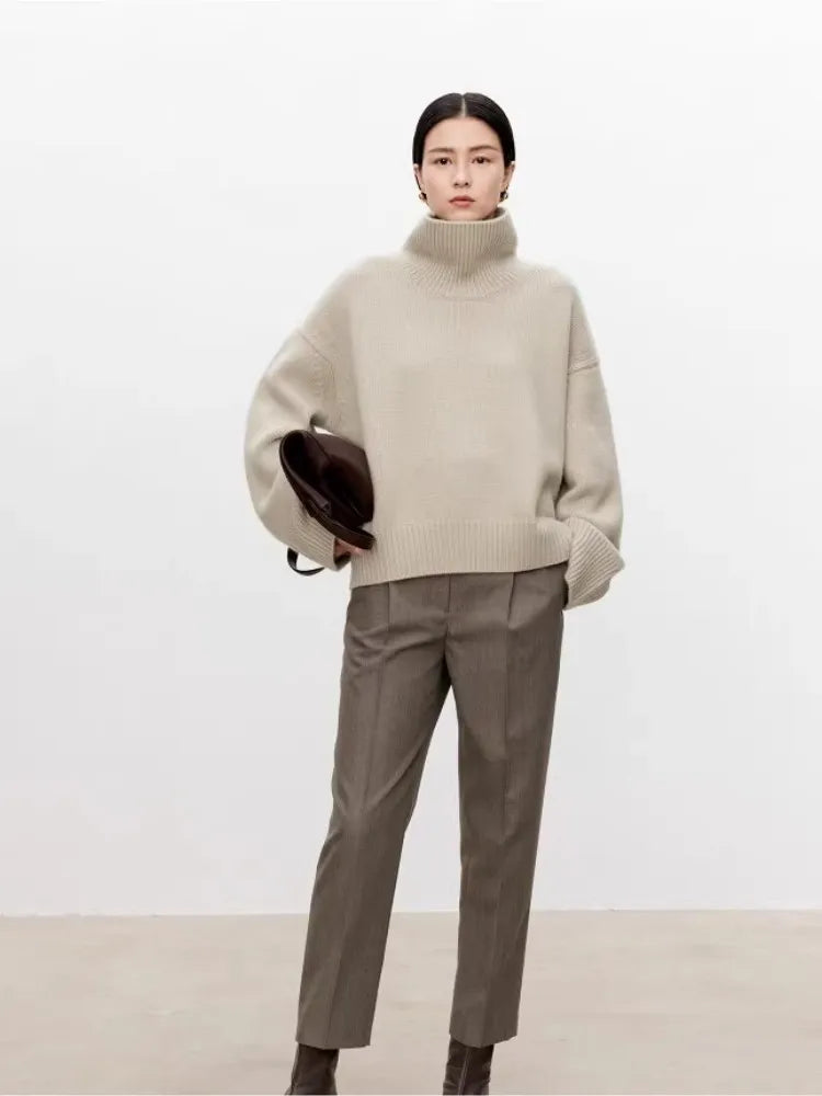 Women's Oversized Roll Neck Long Sleeve Sweater Casual Knit Layer