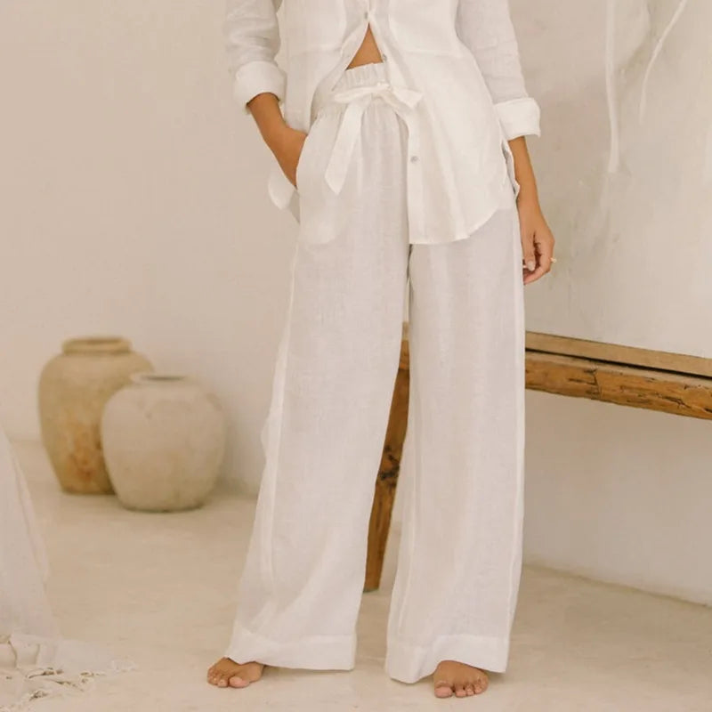 Women's Linen-Lyocell High-Waist Wide-Leg Pants with Elastic Tie Waist and Side Pockets