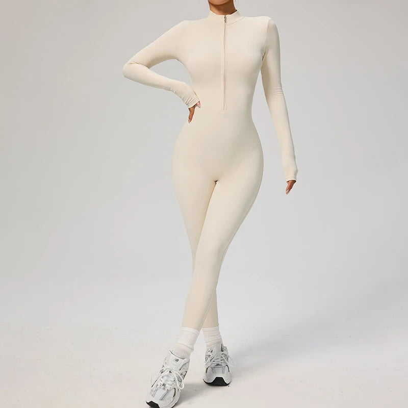 Women's Long Sleeve Nylon Blend Workout Jumpsuit with Zip Front Collar