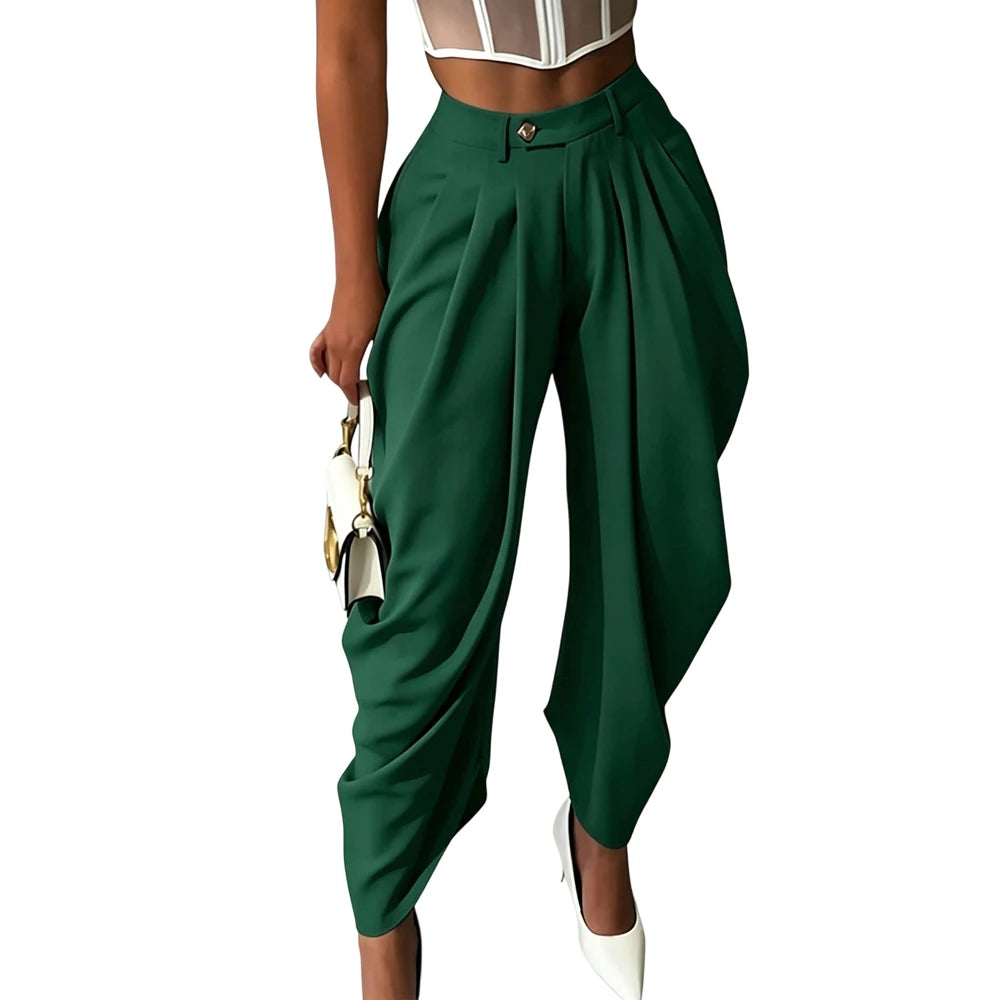 Women's Pleated Harem Pants with Tapered Legs and Waistband