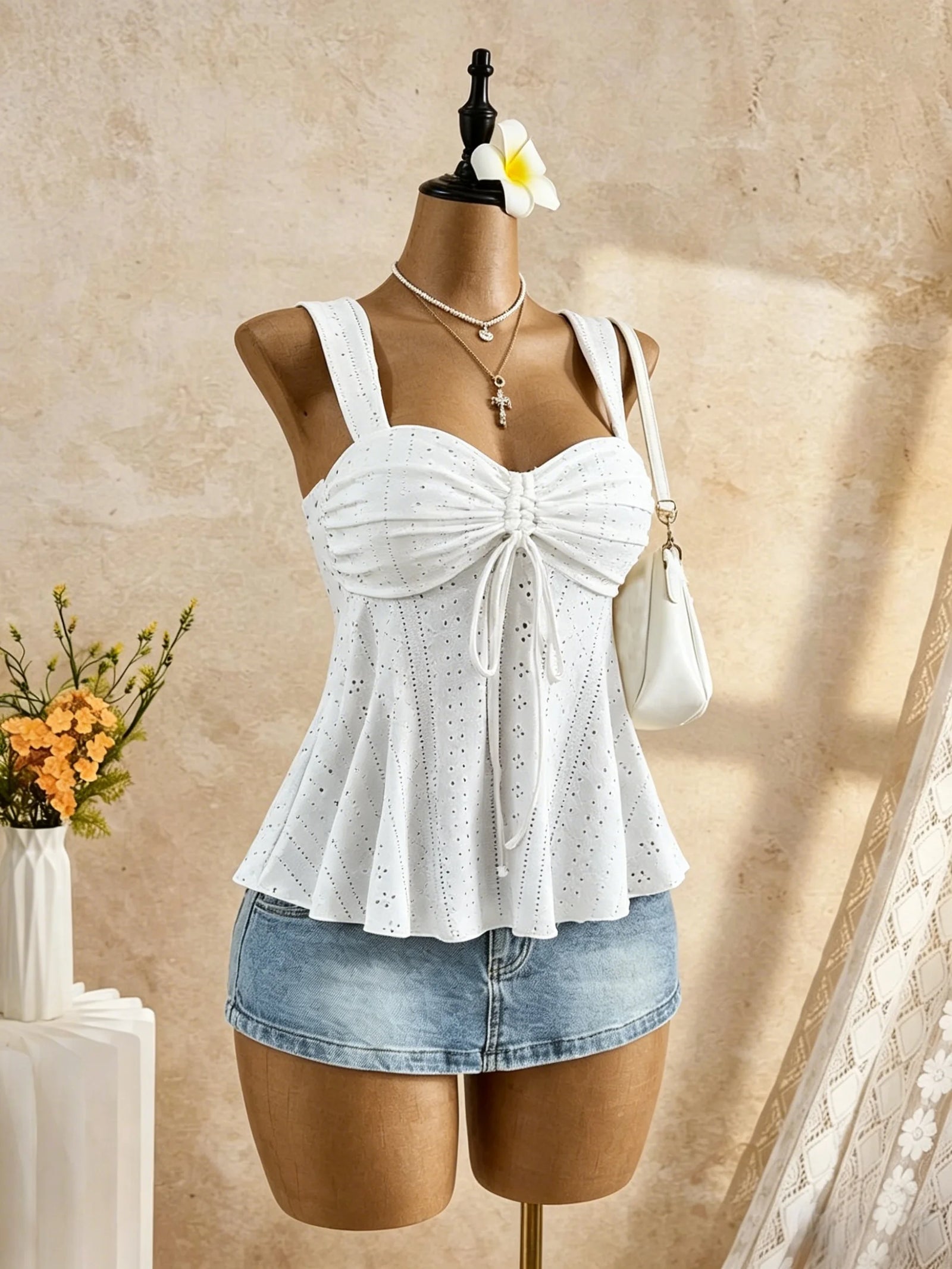 Women's Ruched Polyester Blend Peplum Camisole with Sweetheart Neck and Bow