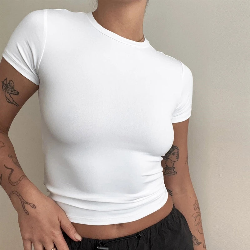 Women’s Slim-Fit Stretch Knit Crew-Neck T-Shirt with Short Sleeves