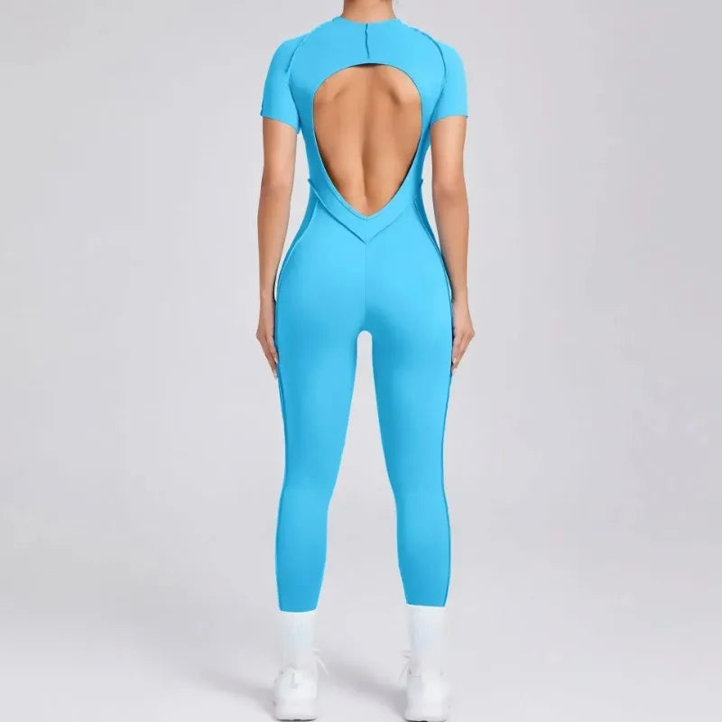 Women's Short Sleeve Nylon Blend Workout Jumpsuit with Open Back