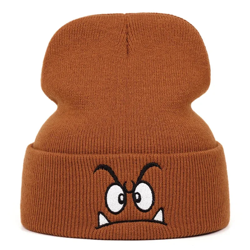 Orange Knit Beanie with Embroidered Cartoon Expression Detail