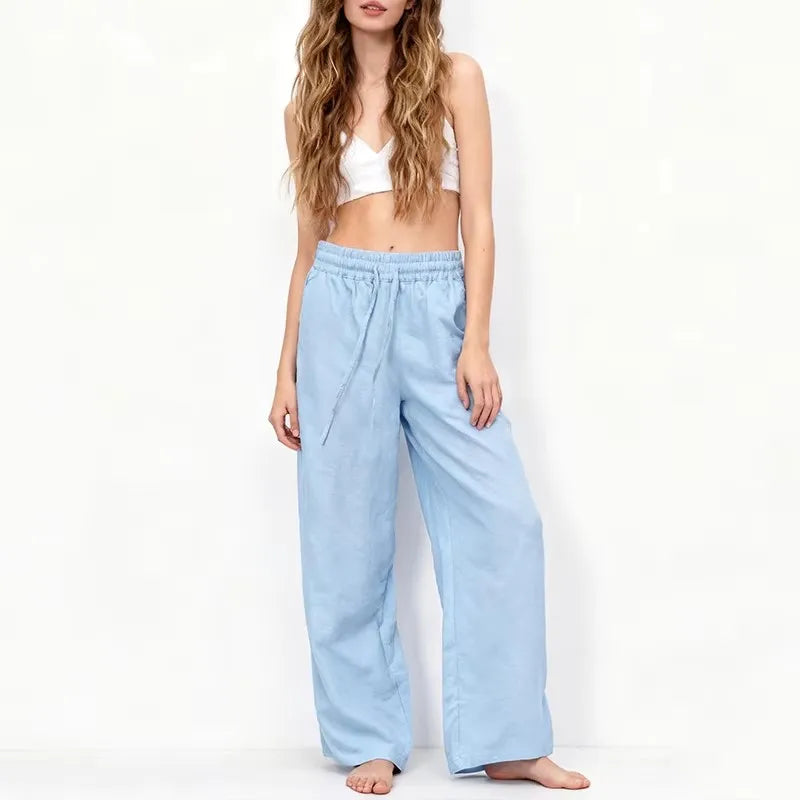 Women's Cotton-Linen Loose Straight-Leg Full-Length Pants with Drawstring Waist and Side Pockets