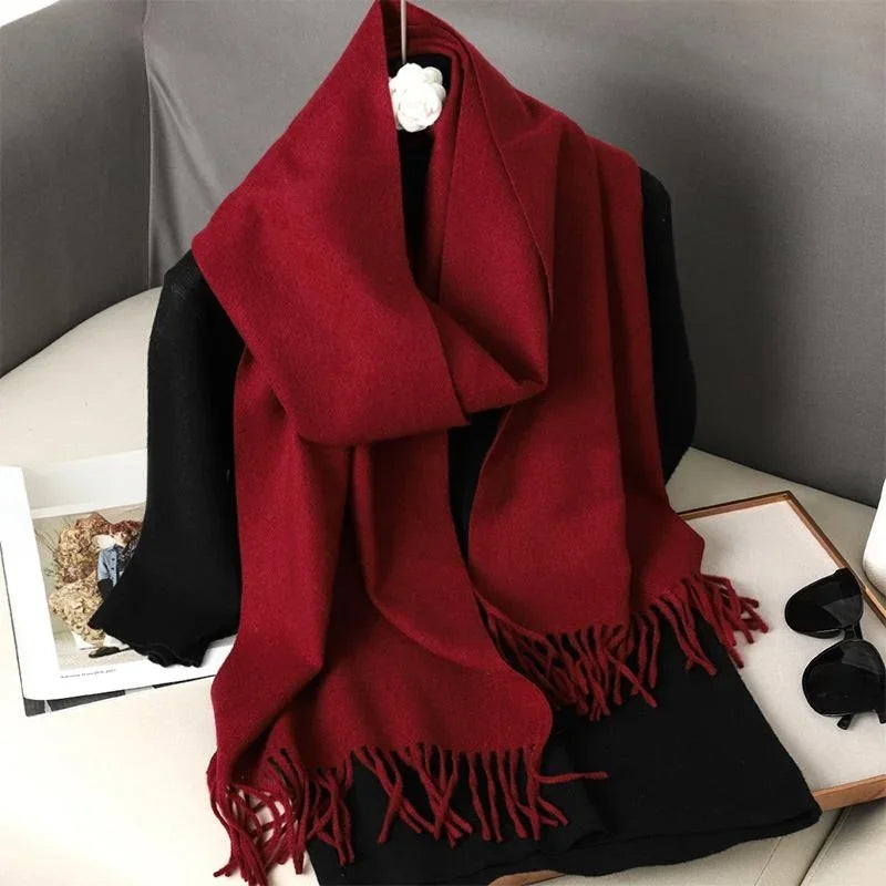 Solid Long Rectangular Scarf with Decorative Fringe Trim