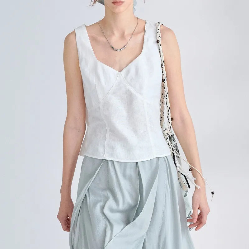 Women's Linen Sleeveless V-Neck Cropped Tank Top with Zipper Detail for Summer
