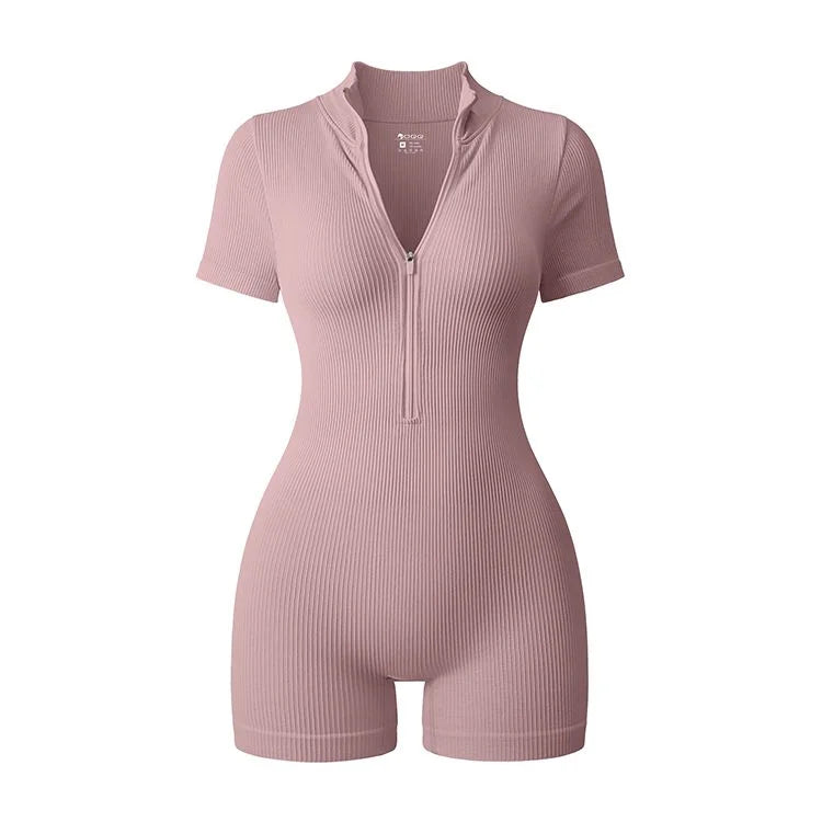 Women's Short Sleeve Nylon Blend Romper with Collar and Front Zip