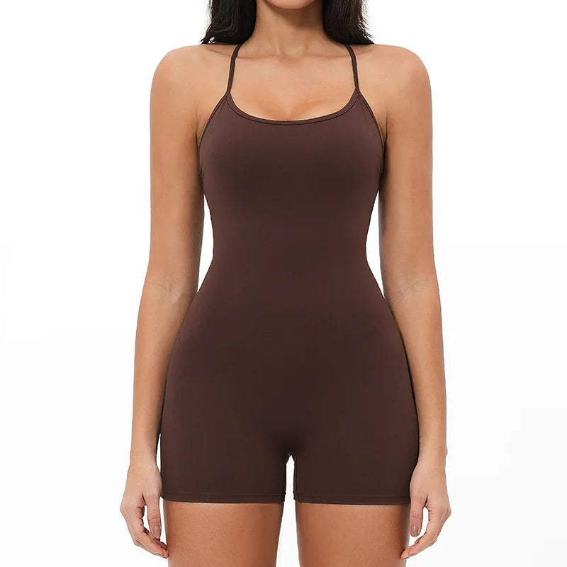 Women's Thin Strap Workout Romper with Open Crisscross Back