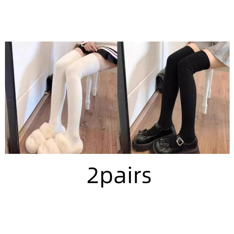 Solid Ribbed Thigh High Socks with Long Footed Shape