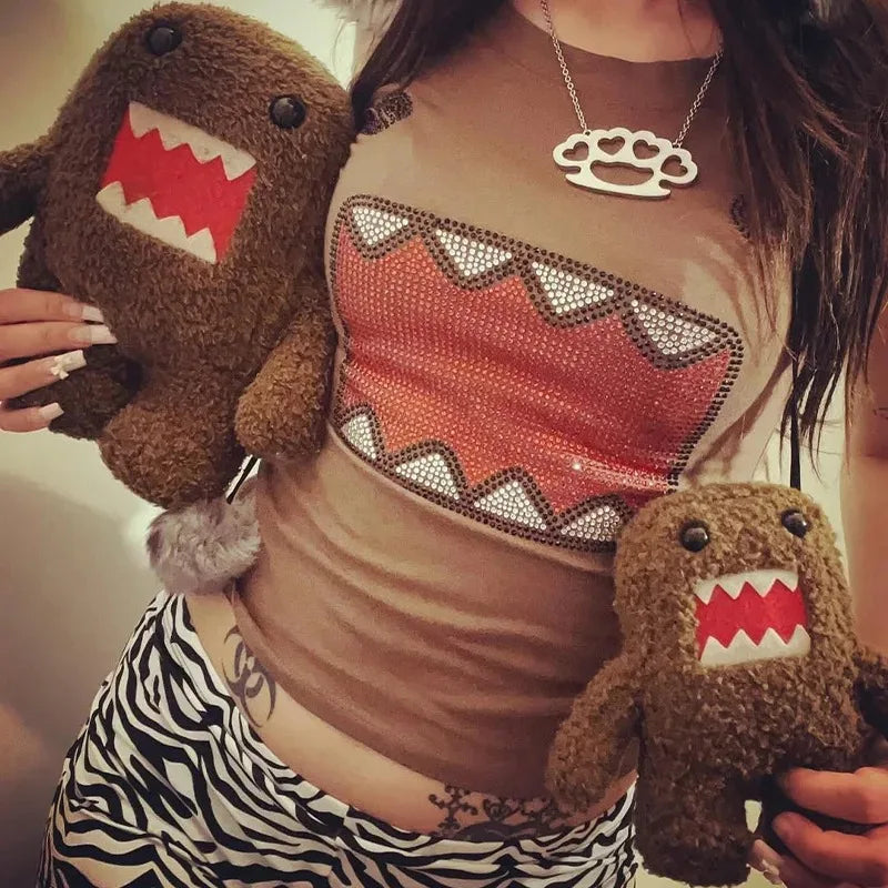 Women's Cartoon Monster Print Polyester Blend Crop T Shirt with Short Sleeves