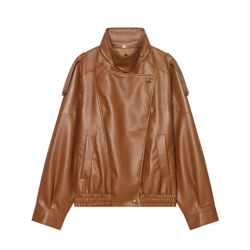 Women's Stand Collar Faux Leather Jacket for Layered Outfits