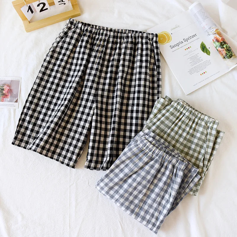 Men's Plaid Drawstring Sleep Shorts for Home Wear
