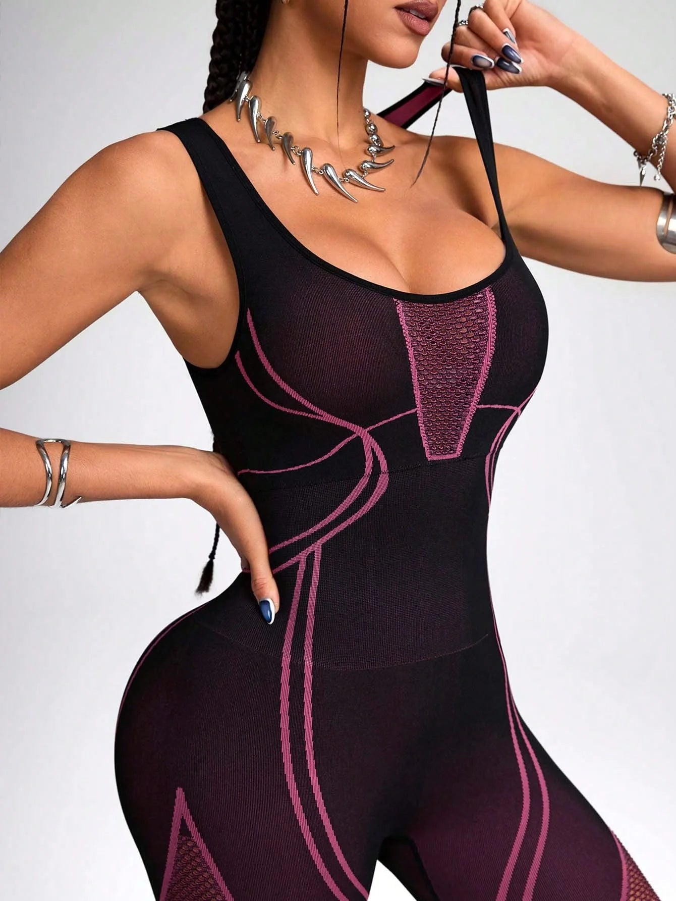 Women's Mesh Inset Nylon Blend Workout Jumpsuit with Contour Seams and Back Cutout