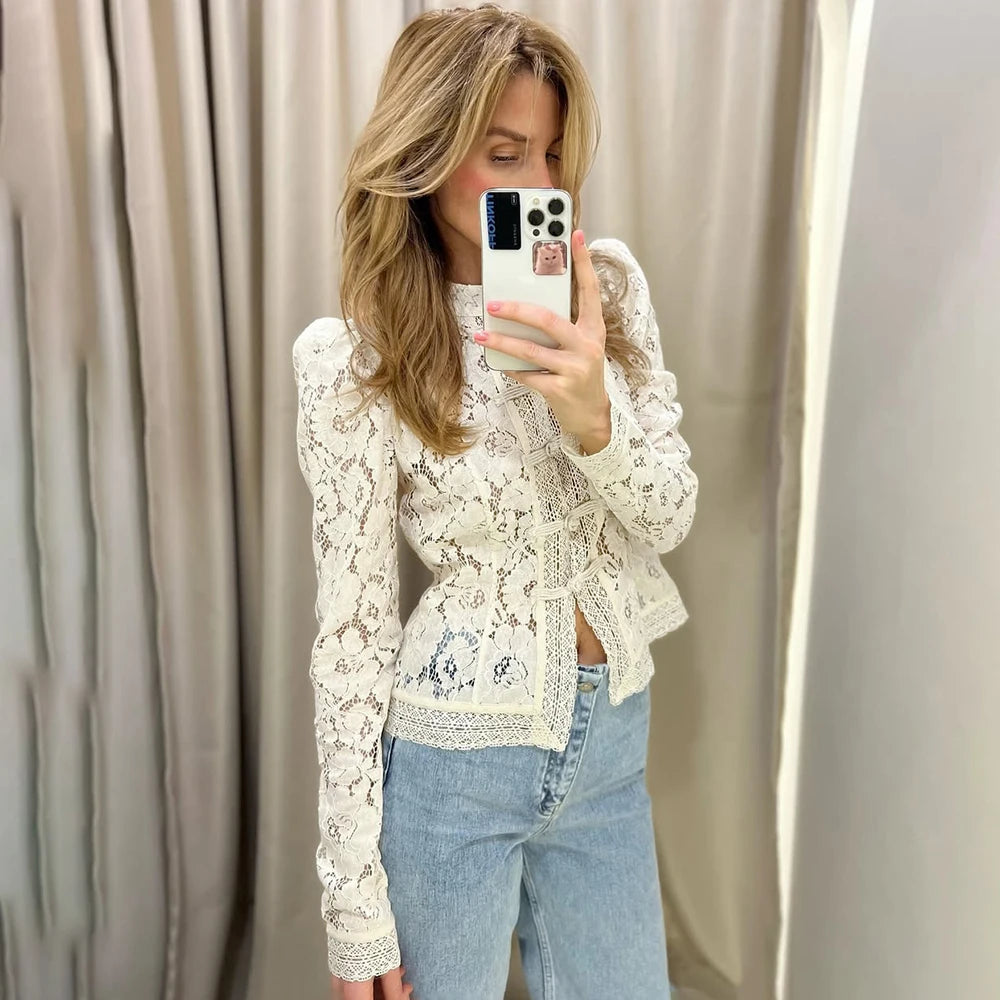 Women's Lace Stand Collar Long Sleeve Button Front Blouse