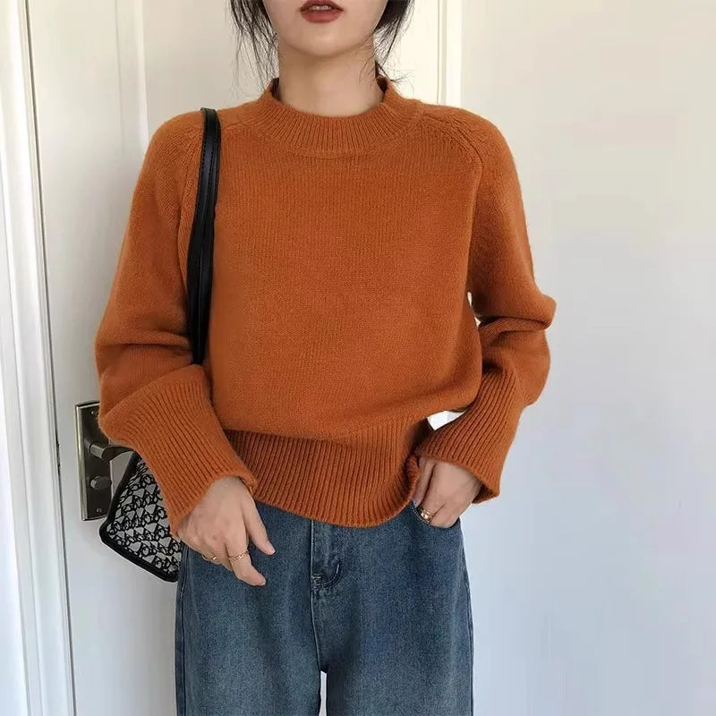 Pure wool retro sweater crewneck pullover short knitwear women's top trend