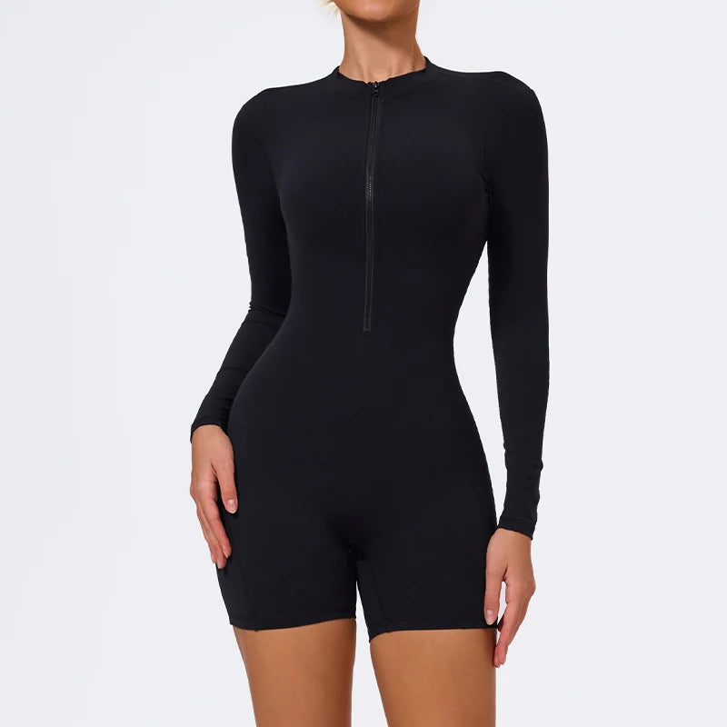 Women's Long Sleeve Nylon Blend Workout Romper with Zipper and Open Back