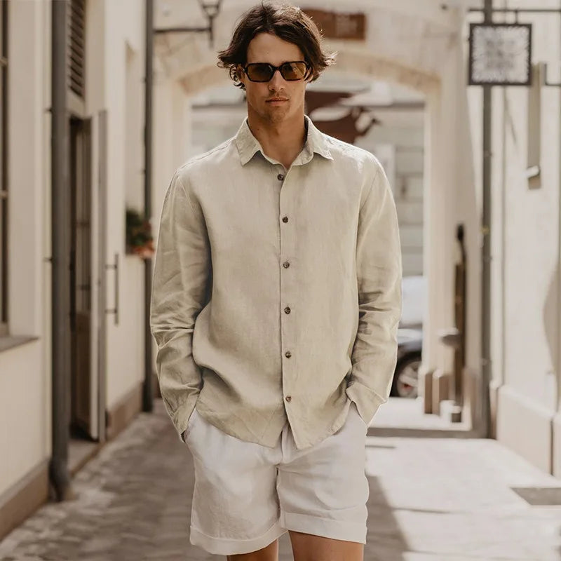 Men's Linen Long-Sleeve Button-Up Shirt with Classic Collar for Casual Daily Wear